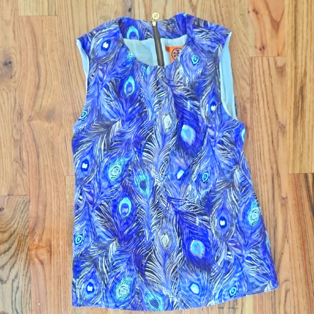 Tory Burch Blue Feather Print Sleeveless Blouse